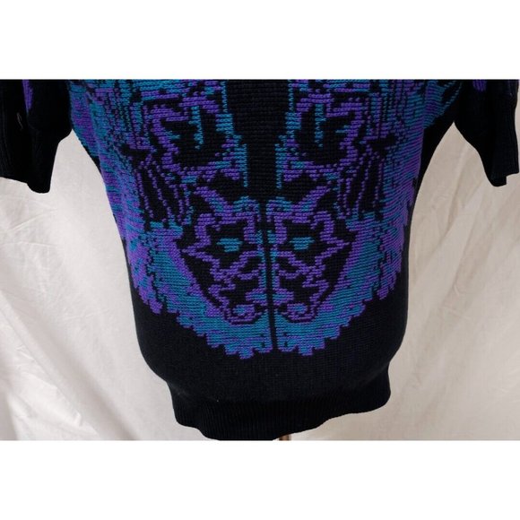 Leslie Fay Medium Black Purple Floral Aztec Tapered Body 3/4 Sleeves Sweater - Picture 8 of 14